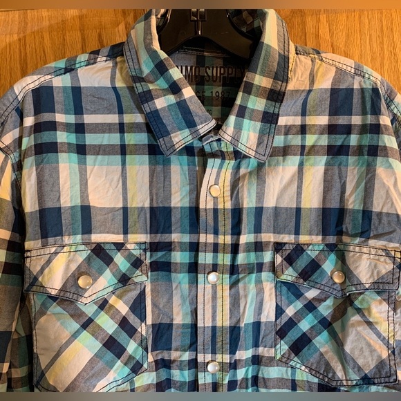 Mossimo Men’s LS Pearl Snap Shirt Blue Aqua White Plaid XL Athletic Fit Western - Picture 2 of 4